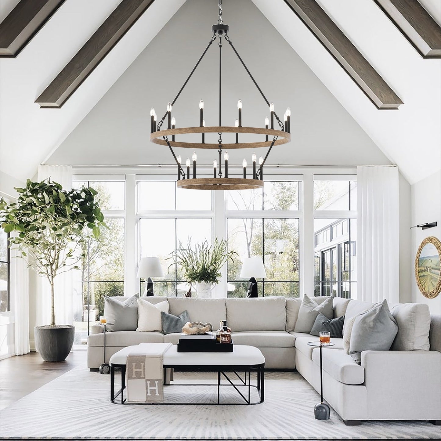 Lustre rond en forme de roue de chariot de style ferme moderne Acroma à 20 lumières de 40 po avec UL