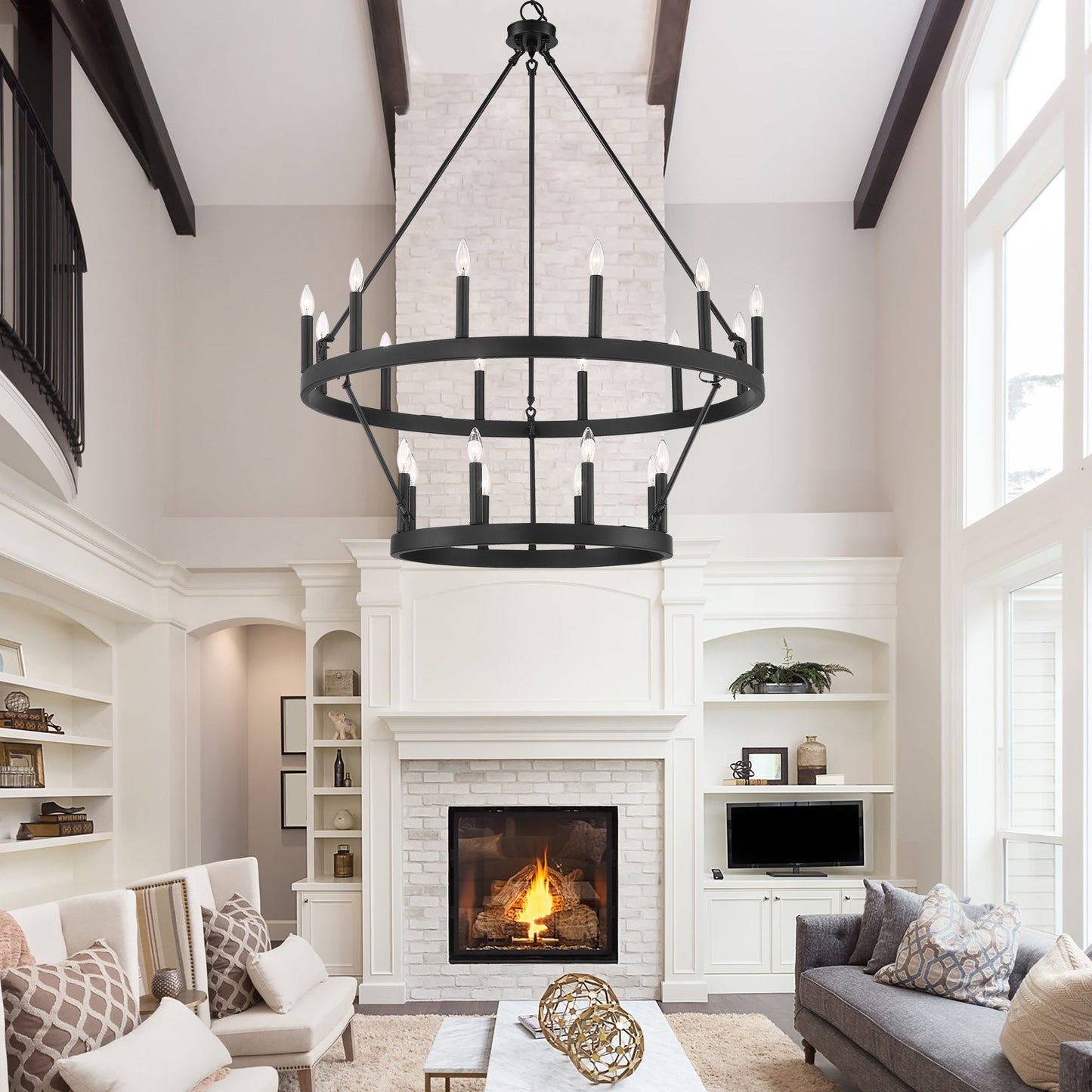 Lustre rond en forme de roue de chariot de style ferme moderne Acroma à 20 lumières de 40 po avec UL