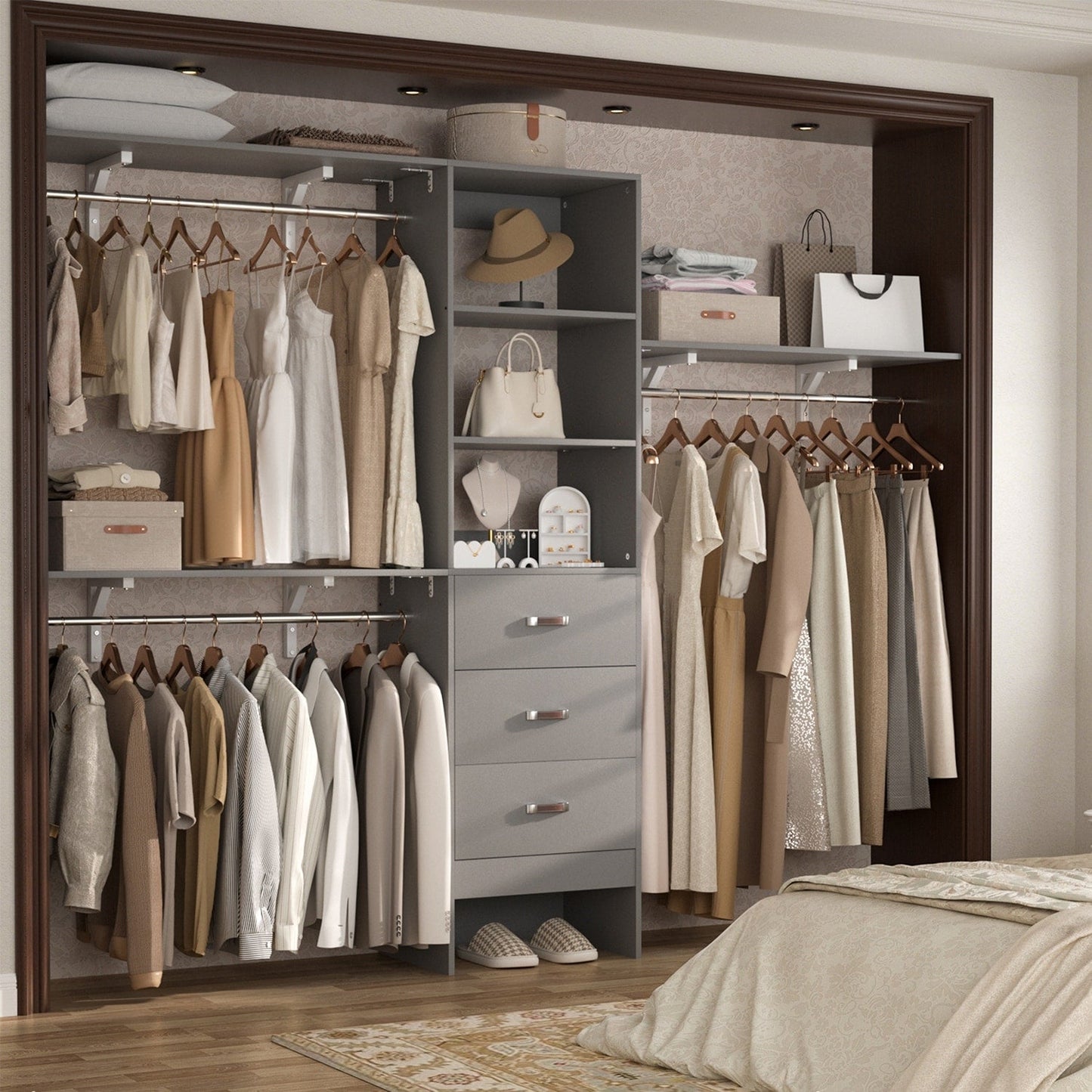 Rackcog Organiseur de placard réglable de 120 pouces avec tiroirs, système de placard avec étagères de bricolage pour placards et dressings