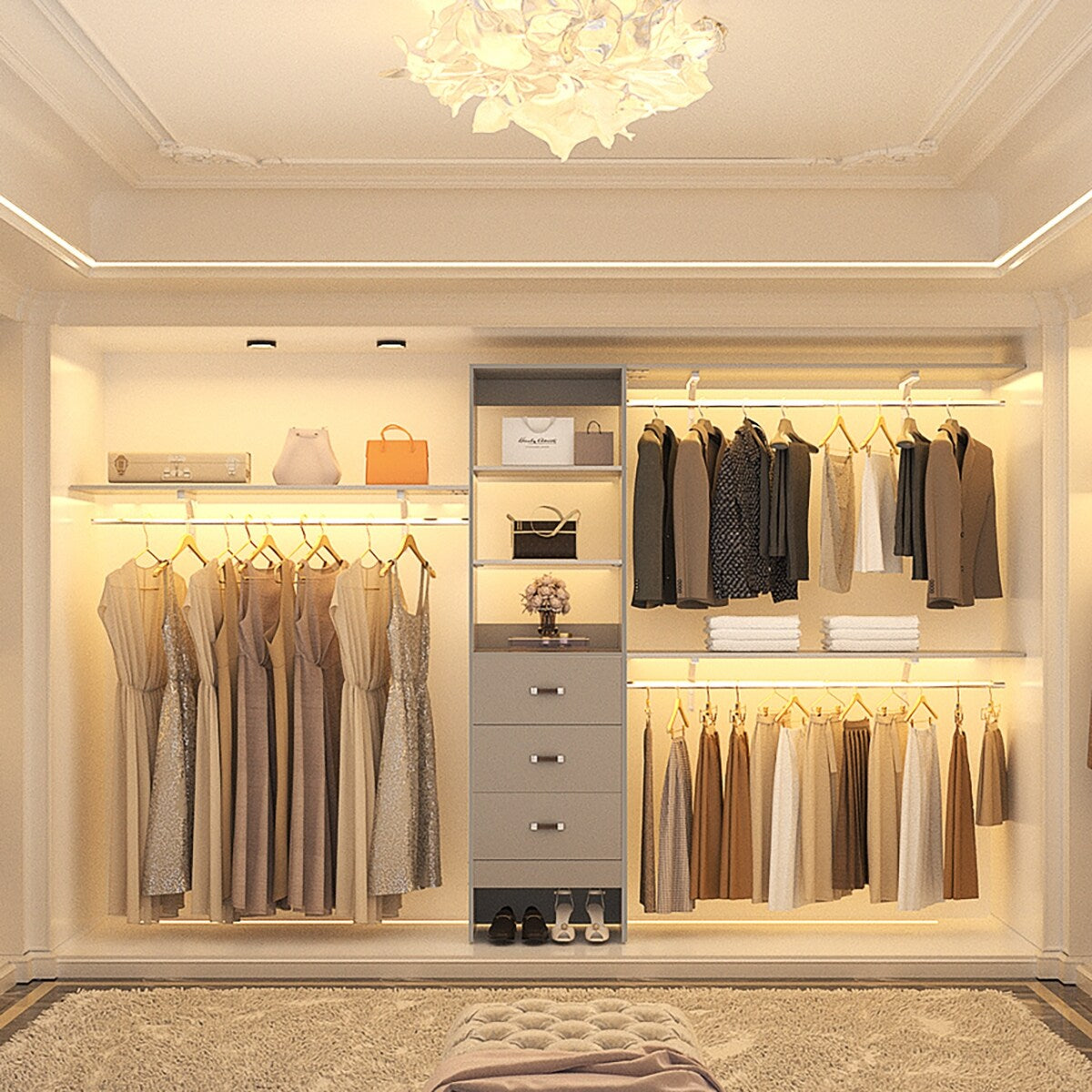 Rackcog Organiseur de placard réglable de 120 pouces avec tiroirs, système de placard avec étagères de bricolage pour placards et dressings