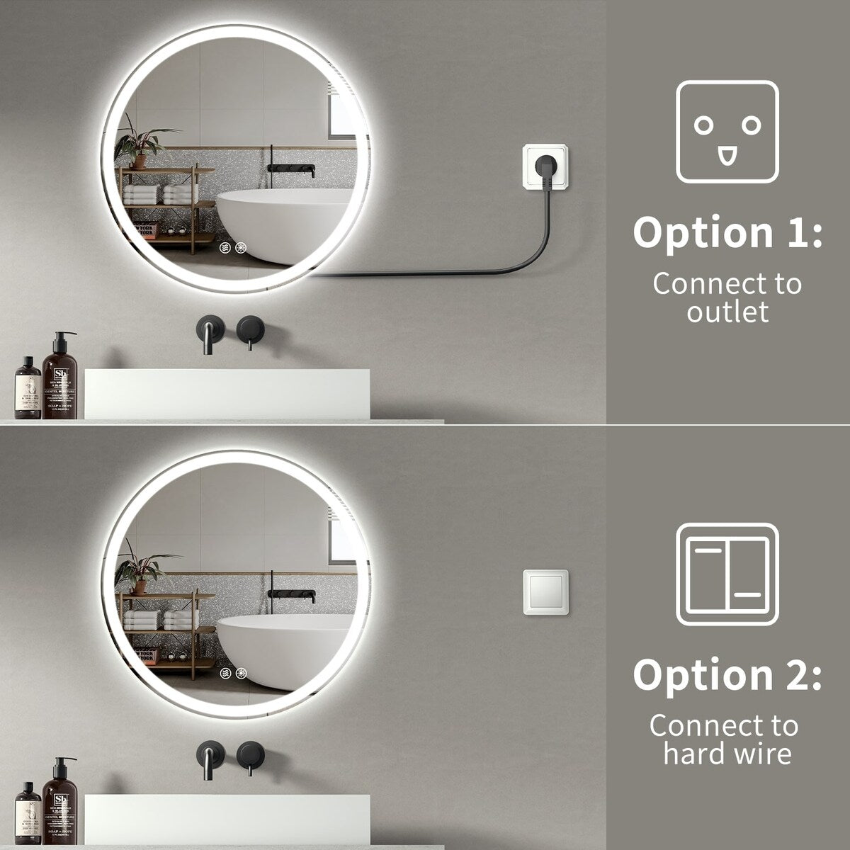 Miroir de courtoisie rond sans cadre, antibuée, éclairé par LED et à intensité variable