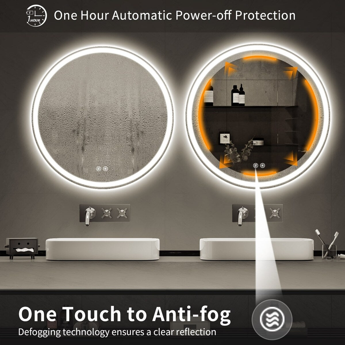 Miroir de courtoisie rond sans cadre, antibuée, éclairé par LED et à intensité variable