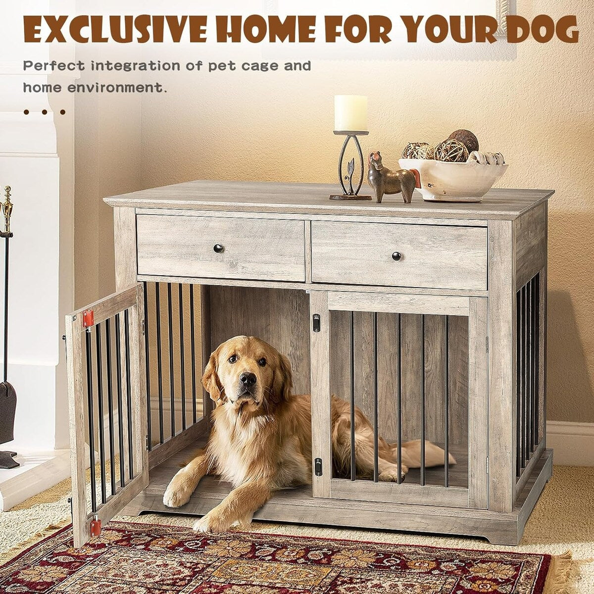 Cage pour chien Bossin de 111 cm de large, table d'appoint en bois avec tiroirs de rangement, niche décorative pour animaux de compagnie.