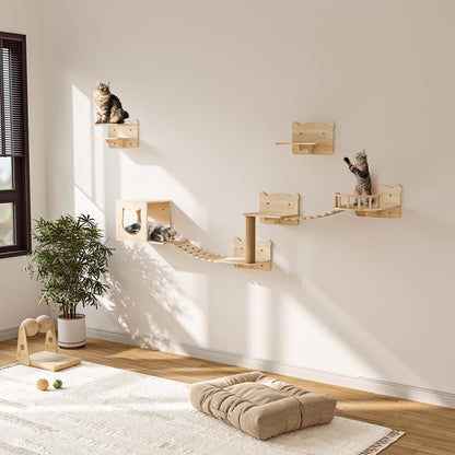 BOSSIN 9/16/18-Piece Pine Cat Wall Climbing System - Wall-Mounted Shelves Set with Cat Bed, Scratching Post & Tunnel