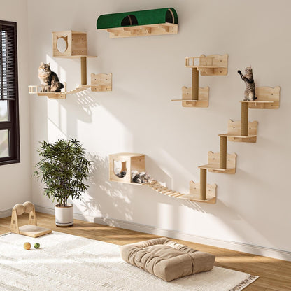 BOSSIN 9/16/18-Piece Pine Cat Wall Climbing System - Wall-Mounted Shelves Set with Cat Bed, Scratching Post & Tunnel
