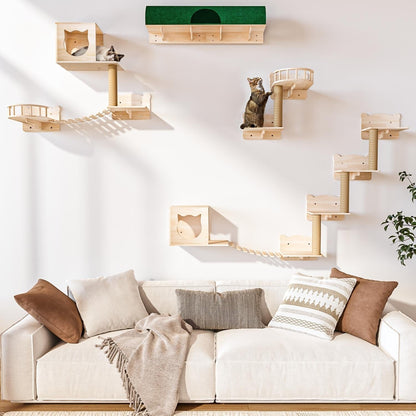 BOSSIN 9/16/18-Piece Pine Cat Wall Climbing System - Wall-Mounted Shelves Set with Cat Bed, Scratching Post & Tunnel
