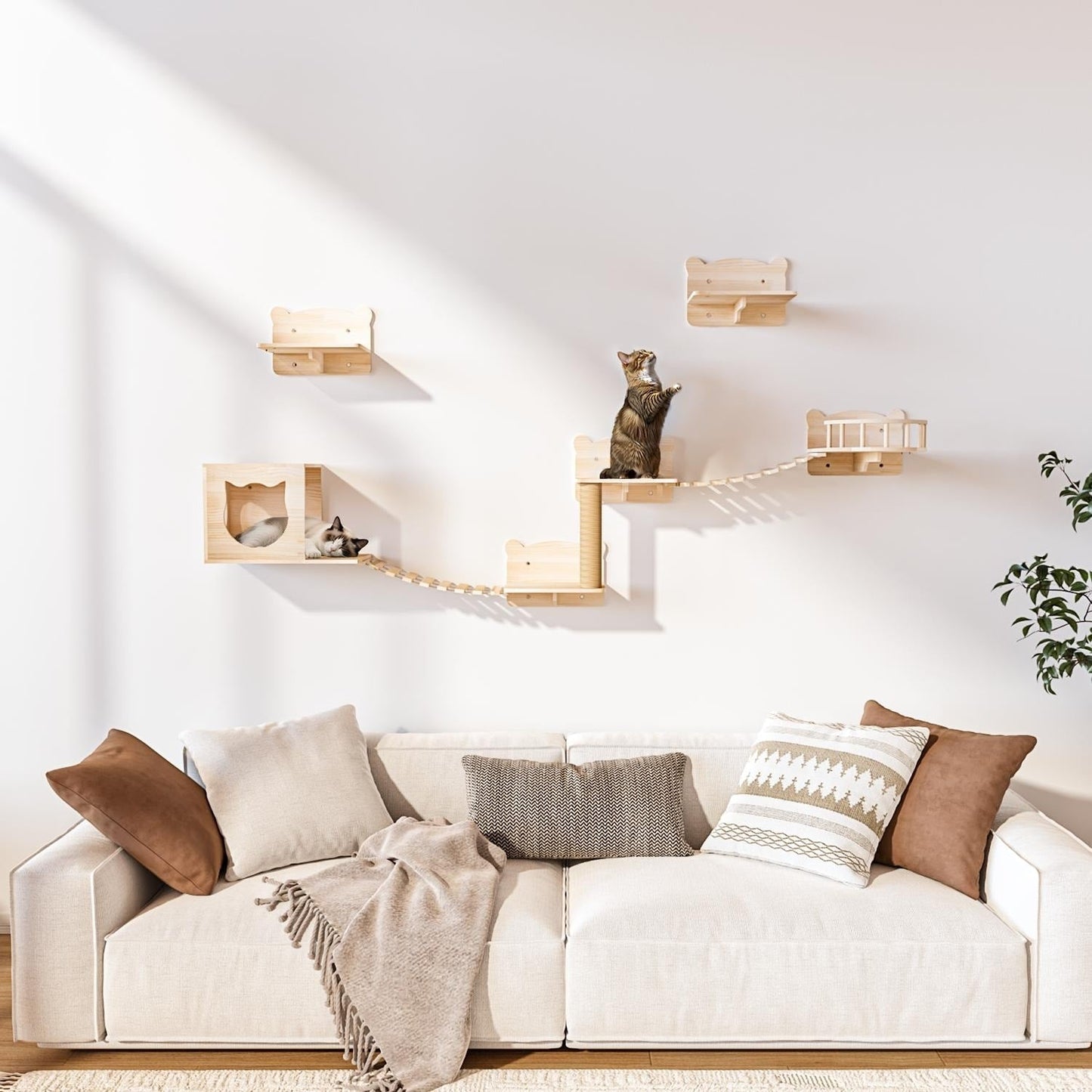 BOSSIN 9/16/18-Piece Pine Cat Wall Climbing System - Wall-Mounted Shelves Set with Cat Bed, Scratching Post & Tunnel