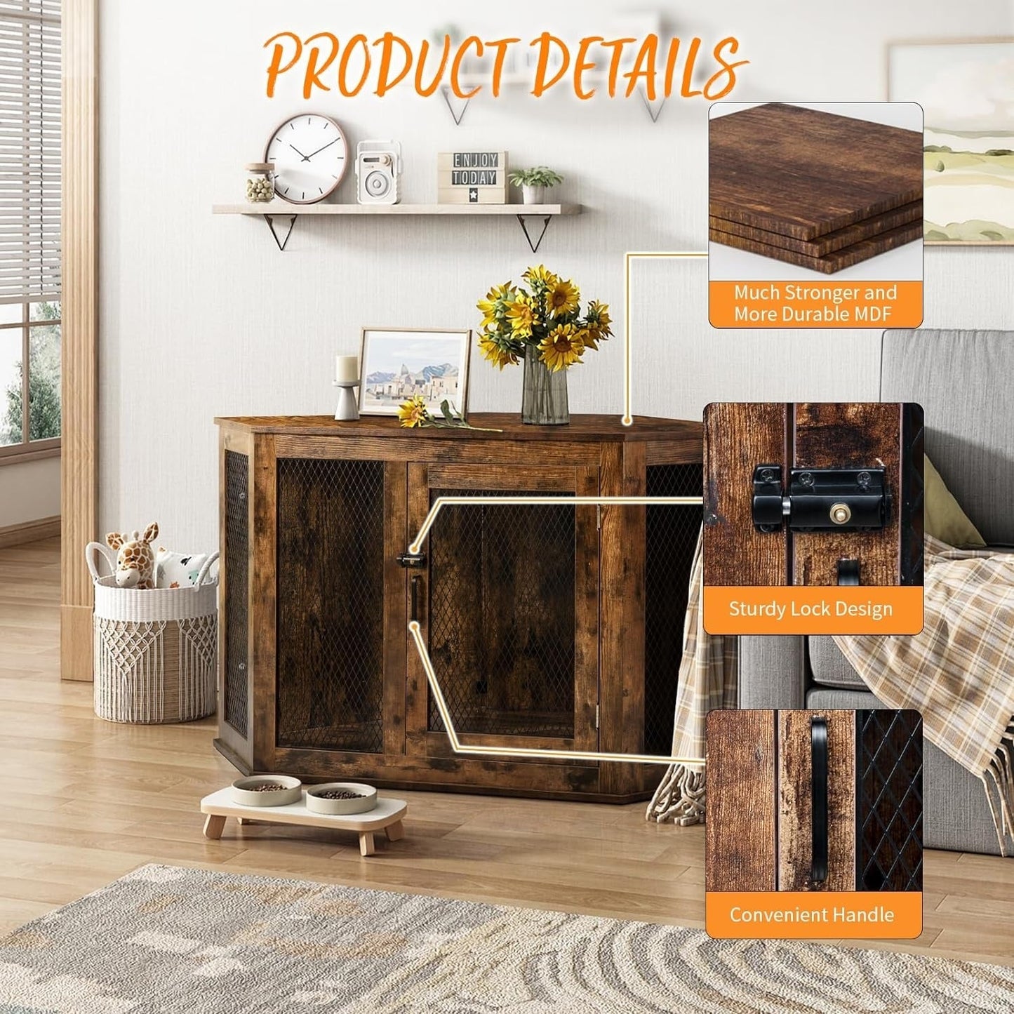 Niche d'angle pour chien Bossin, niche en bois de 44/52 pouces avec filet, niche décorative en bois pour chien, idéale pour l'intérieur