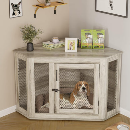 Niche d'angle pour chien Bossin, niche en bois de 44/52 pouces avec filet, niche décorative en bois pour chien, idéale pour l'intérieur