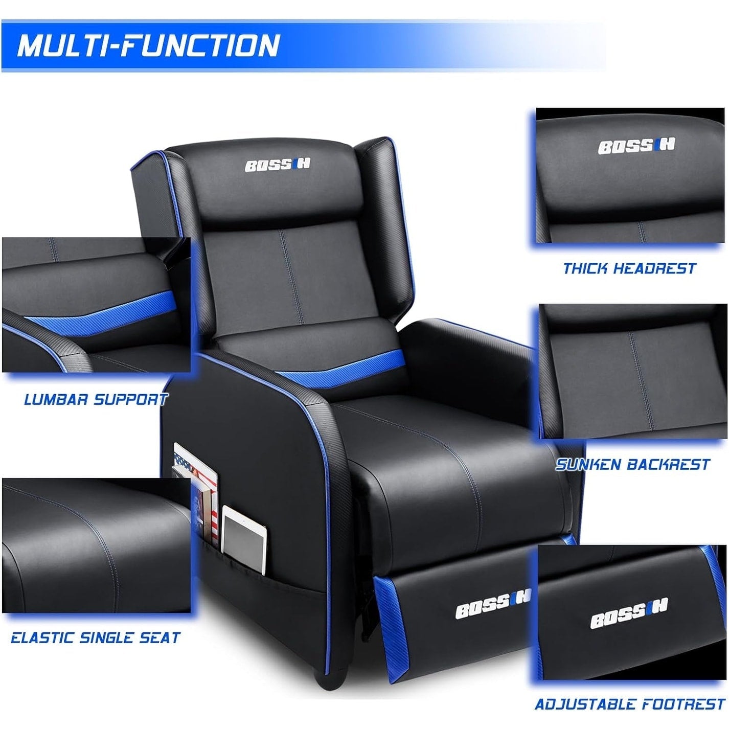 BOSSIN PU Leather Ergonomic Gaming Single Recliner Seating Sofa for Living Room