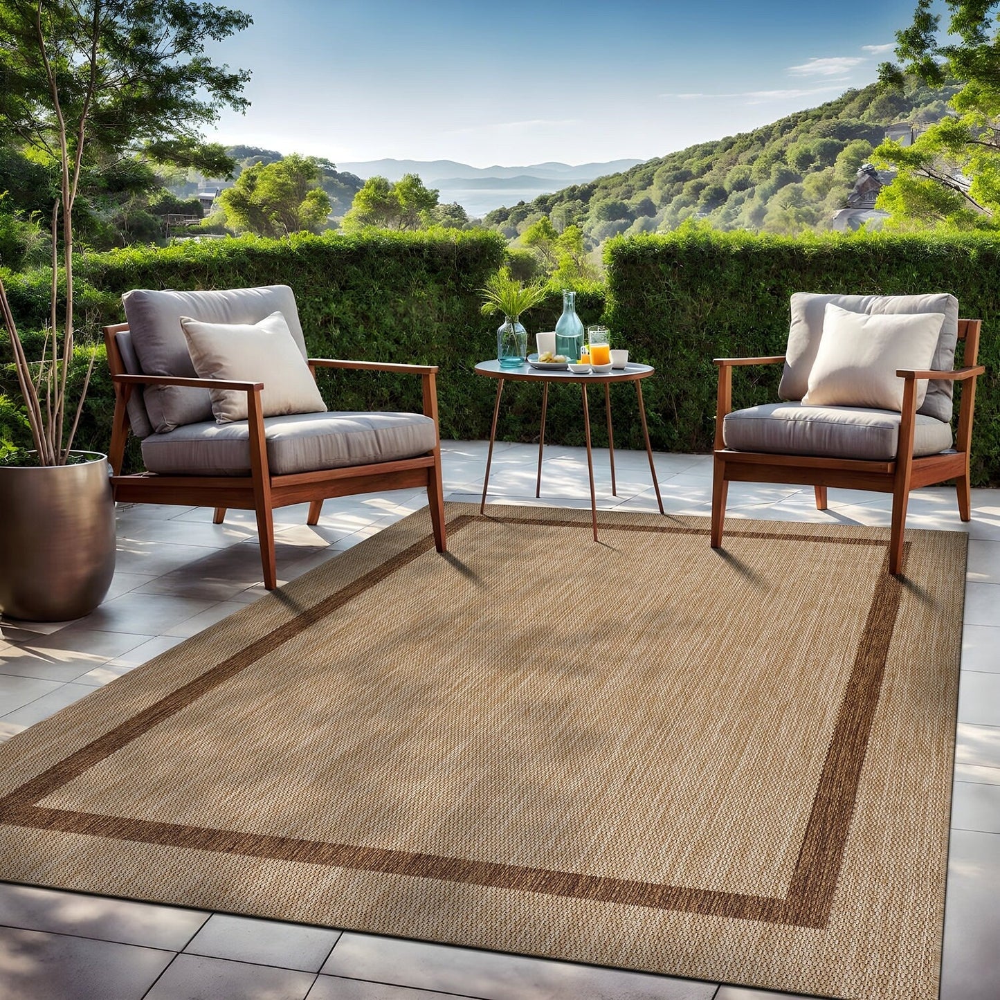 Beverly Rug Modern Bordered Indoor Outdoor Rug, Outside Carpet for Patio, Deck, Porch