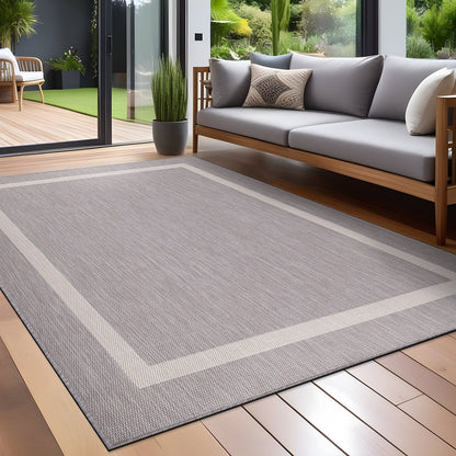Beverly Rug Modern Bordered Indoor Outdoor Rug, Outside Carpet for Patio, Deck, Porch