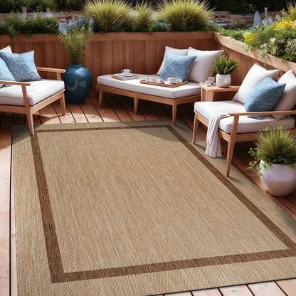 Beverly Rug Modern Bordered Indoor Outdoor Rug, Outside Carpet for Patio, Deck, Porch