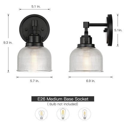 Black Bathroom Vanity Wall Light with Clear Prismatic Glass Shade