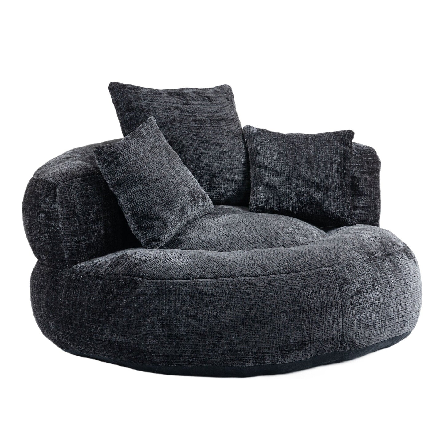 Black Oversized 42.52 Chenille Lazy Bean Bag Single Sofa with Three Pillows for Bedroom
