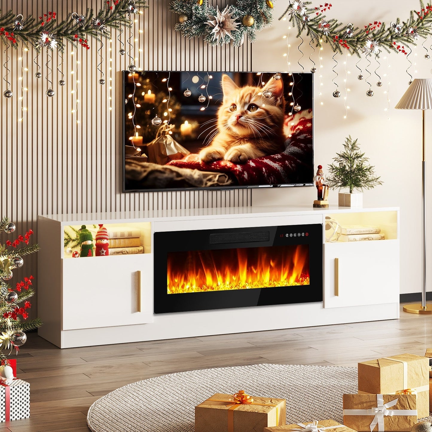 Meuble TV Bossin 70 avec cheminée électrique de 36 pouces, meuble TV pour téléviseurs jusqu'à 80 pouces, éclairage LED 16 couleurs/centre de divertissement