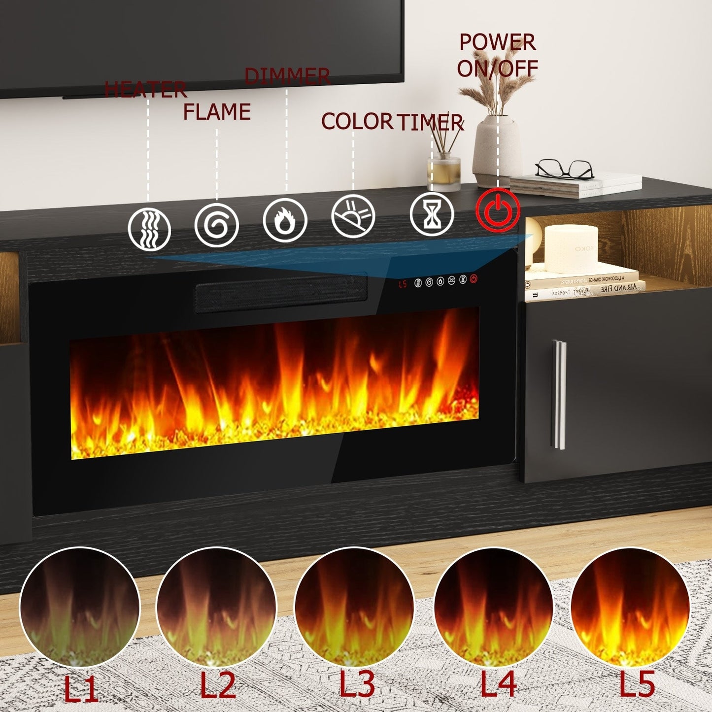 Meuble TV Bossin 70 avec cheminée électrique de 36 pouces, meuble TV pour téléviseurs jusqu'à 80 pouces, éclairage LED 16 couleurs/centre de divertissement