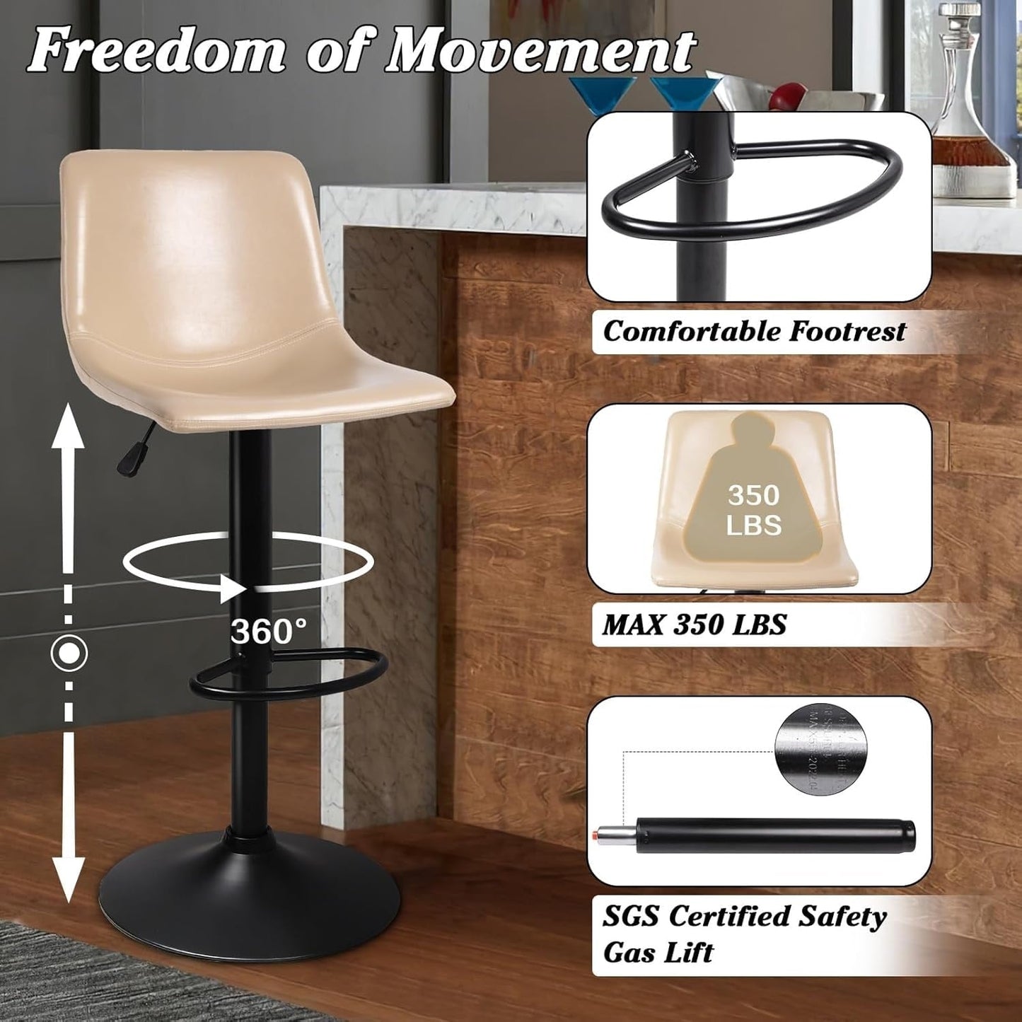 Bossin Adjustable Swivel Bar Stools with Backs – Counter Height