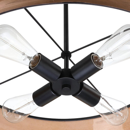 Lustre tambour Breaux à 4 lumières en placage de bois avec auvent noir - 22 po de largeur