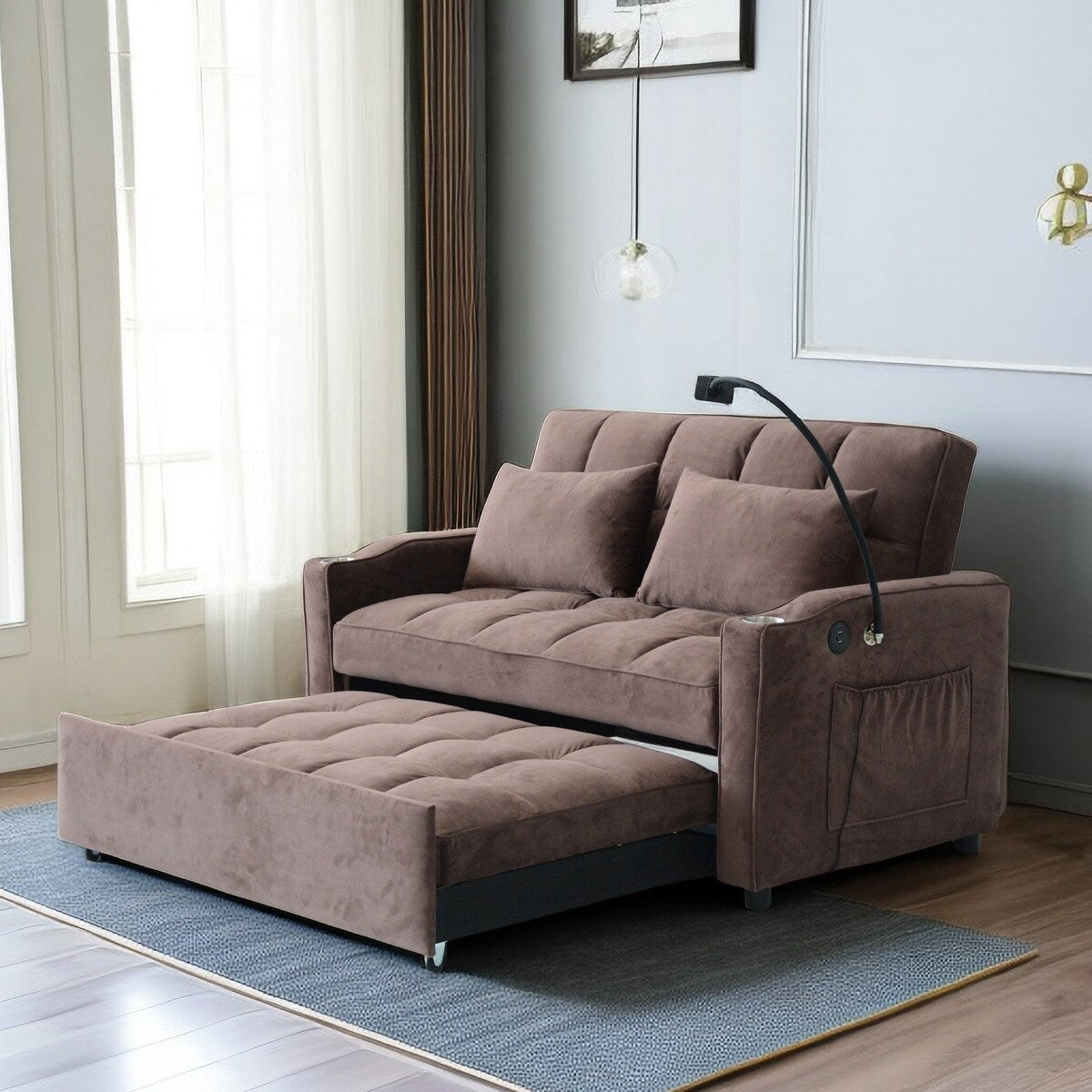Brown Modern 54.33 Convertible Pullout Loveseat Sofa Bed with Reclining Backrest and Phone Holder