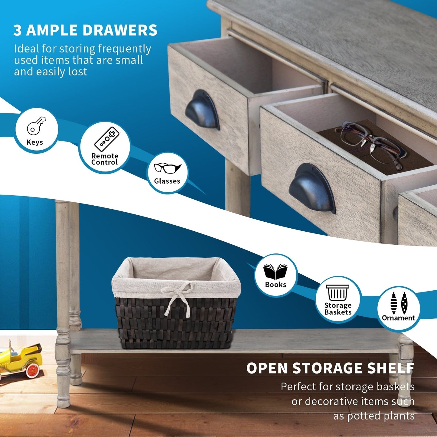 Console d'entrée à 3 tiroirs en bois de Burlington