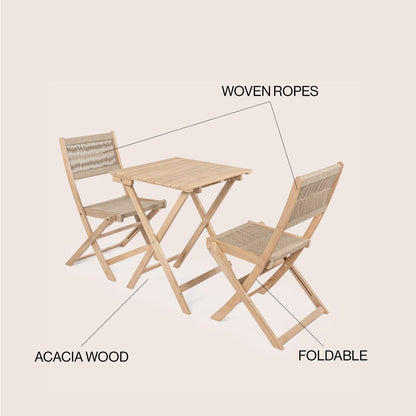 Cadiz Modern Coastal 3-Piece Acacia Wood Outdoor Folding Bistro Set, by JONATHAN Y