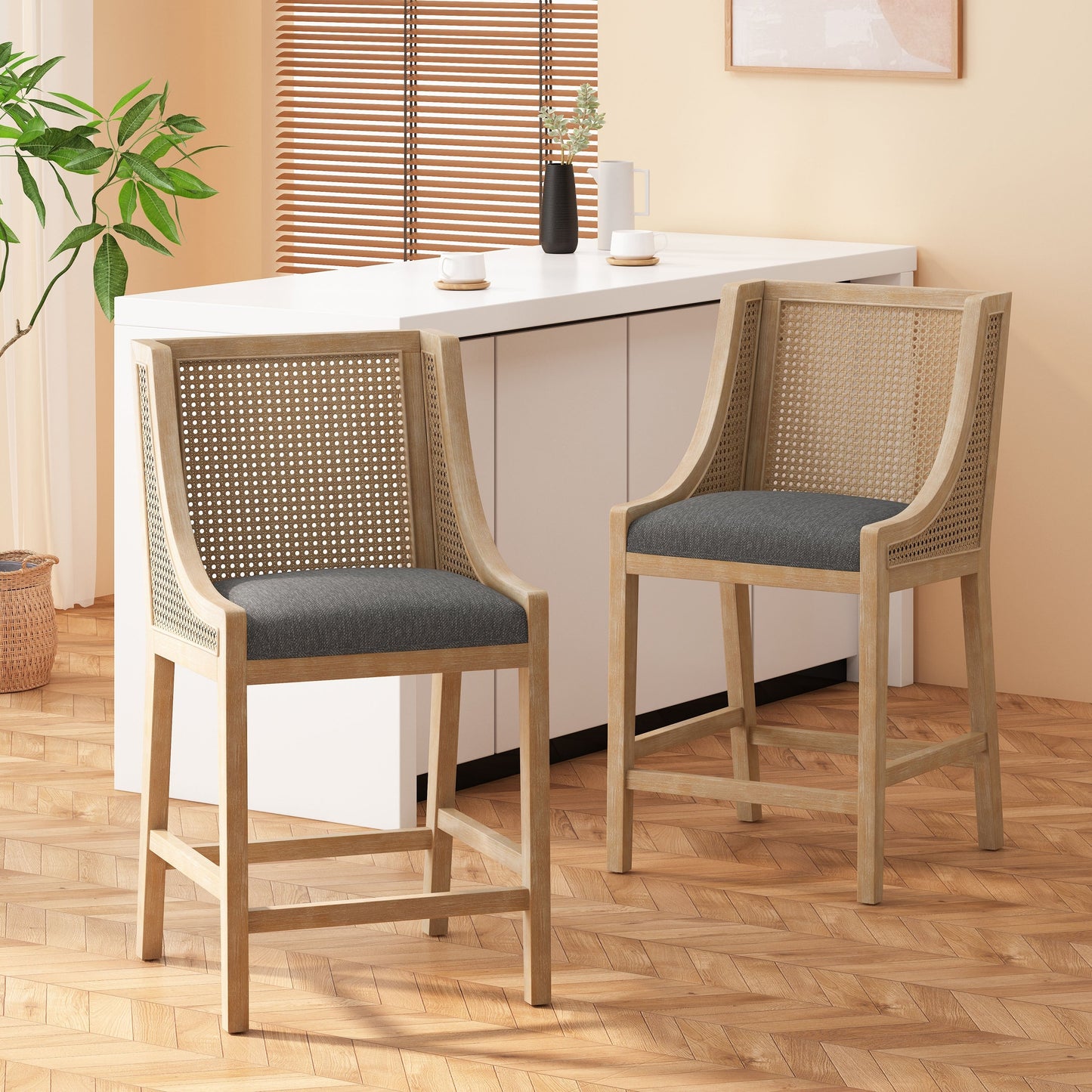 Tabourets de bar Christopher Knight Home Cataldo en tissu, bois et rotin, 25,5 pouces (lot de 2)