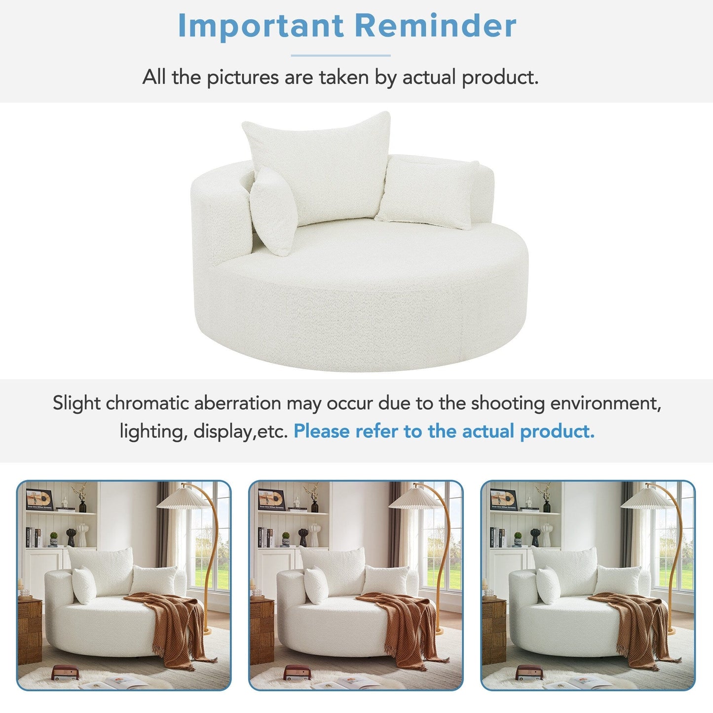 Chenille Accent Barrel Chair Lounge Chair, Round Sofa Chair Armchair with 360-Degree Swivel Base and 3 Removable Pillows