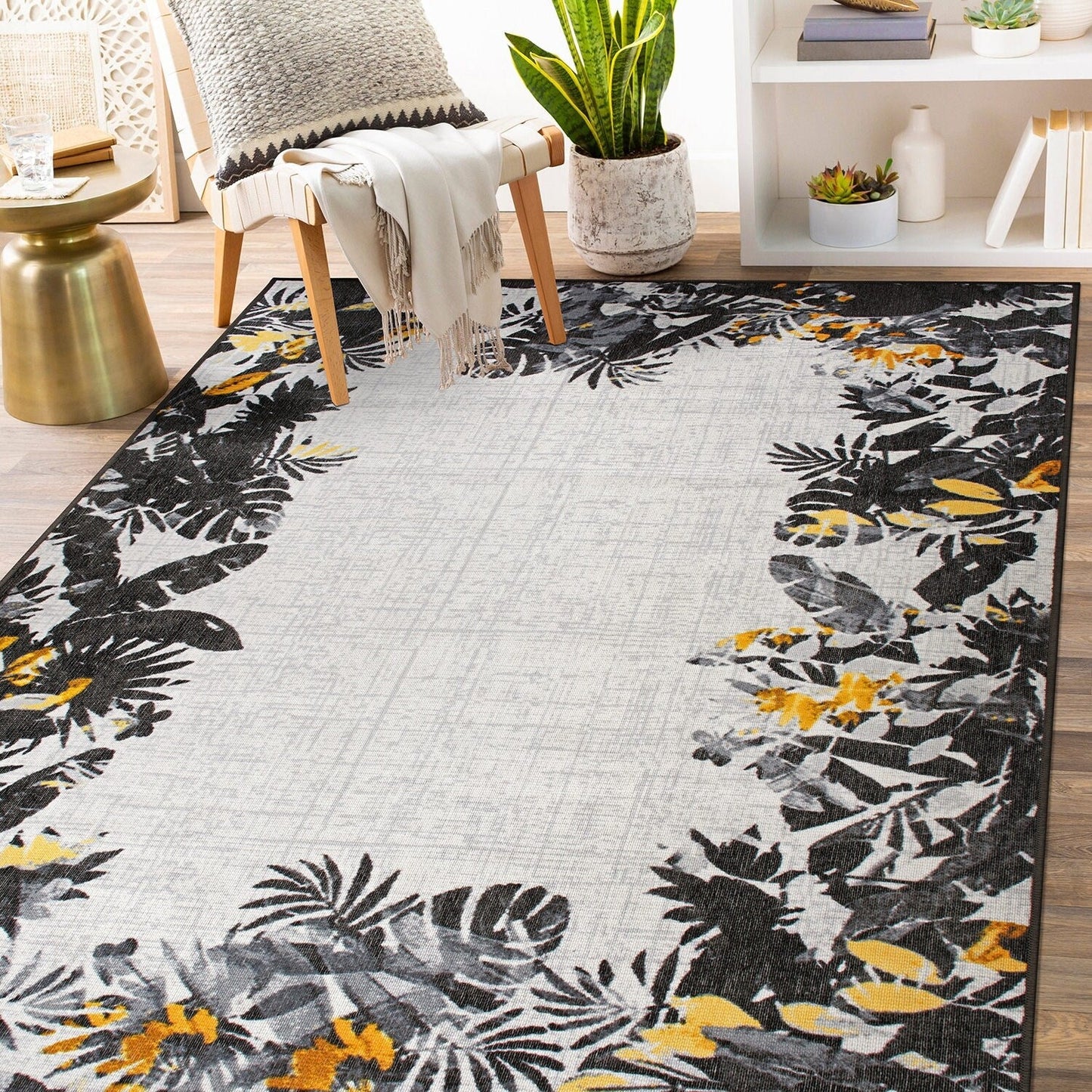 Contemporary Floral Border Indoor/Outdoor Area Rug