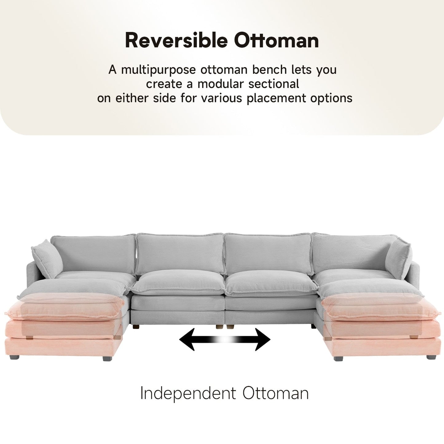 Canapé sectionnel en velours côtelé avec poufs amovibles et coussins ultra-doux pour salon et chambre