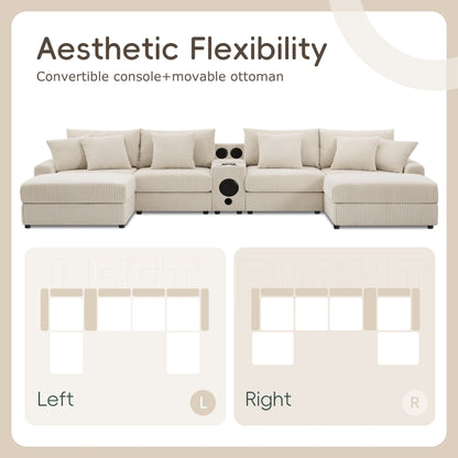Corduroy Sectional Sofa with Bluetooth Speakers, USB Charger, Cup Holders, Storage, Ottoman, Deep and Wide Seat