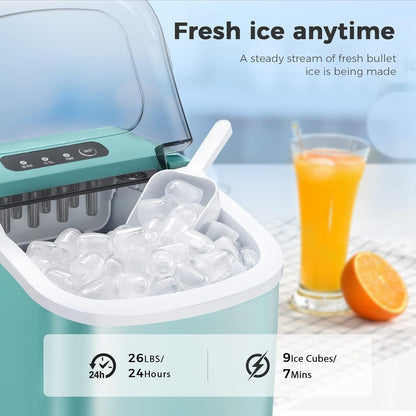 Countertop Portable Ice Maker with Self-cleaning ,9 Bullet Ice Cubes in 6 Mins, Comes with Ice Basket and Ice Scoop