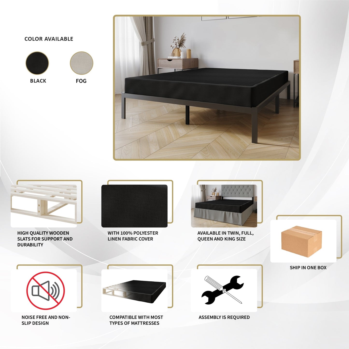 Sommier à ressorts en bois massif CraftPorch de 5 pouces avec lattes en bois et revêtement en lin gris chaud