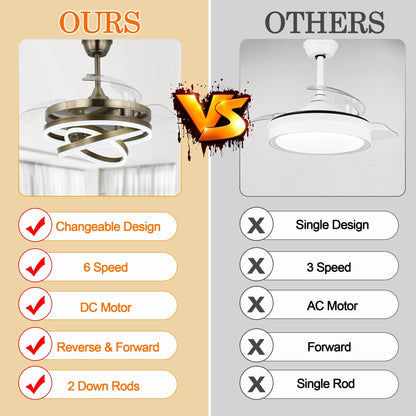 Ventilateur de plafond rétractable Cusp Barn 42 avec lumières et télécommande DIY Forme Fandelier Moderne Silencieux Moteur CC Plafonnier LED