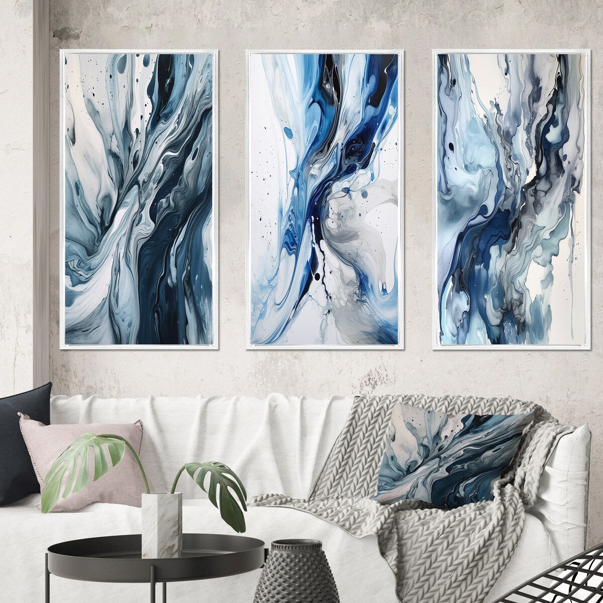 Designart Blue And Grey Ethereal Elixir III Abstract Framed Wall Art Set Of 3 Frame Canvas Set For Living Room Decor