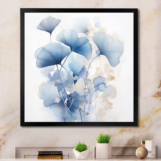 Designart Delicate Blue Ginko Leaves On White Watercolor Leaves Framed Wall Art Living Room