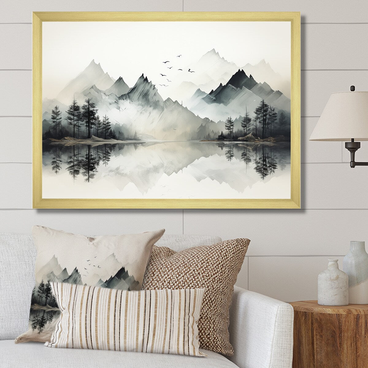 Designart Watercolor Lake And Forest Dream I Landscape Mountains Framed Canvas Wall Art