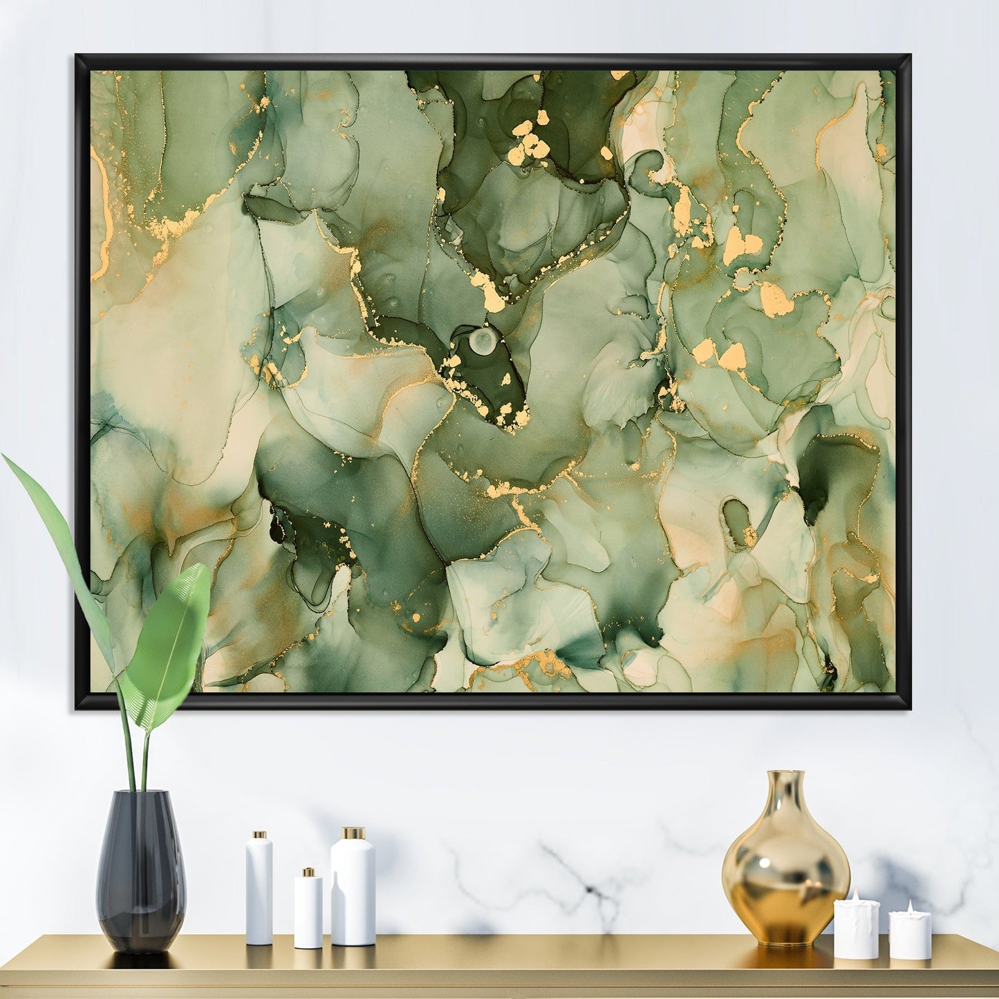 Designart Green Luxury Abstract Fluid Art I Modern Framed Canvas Wall Art Print