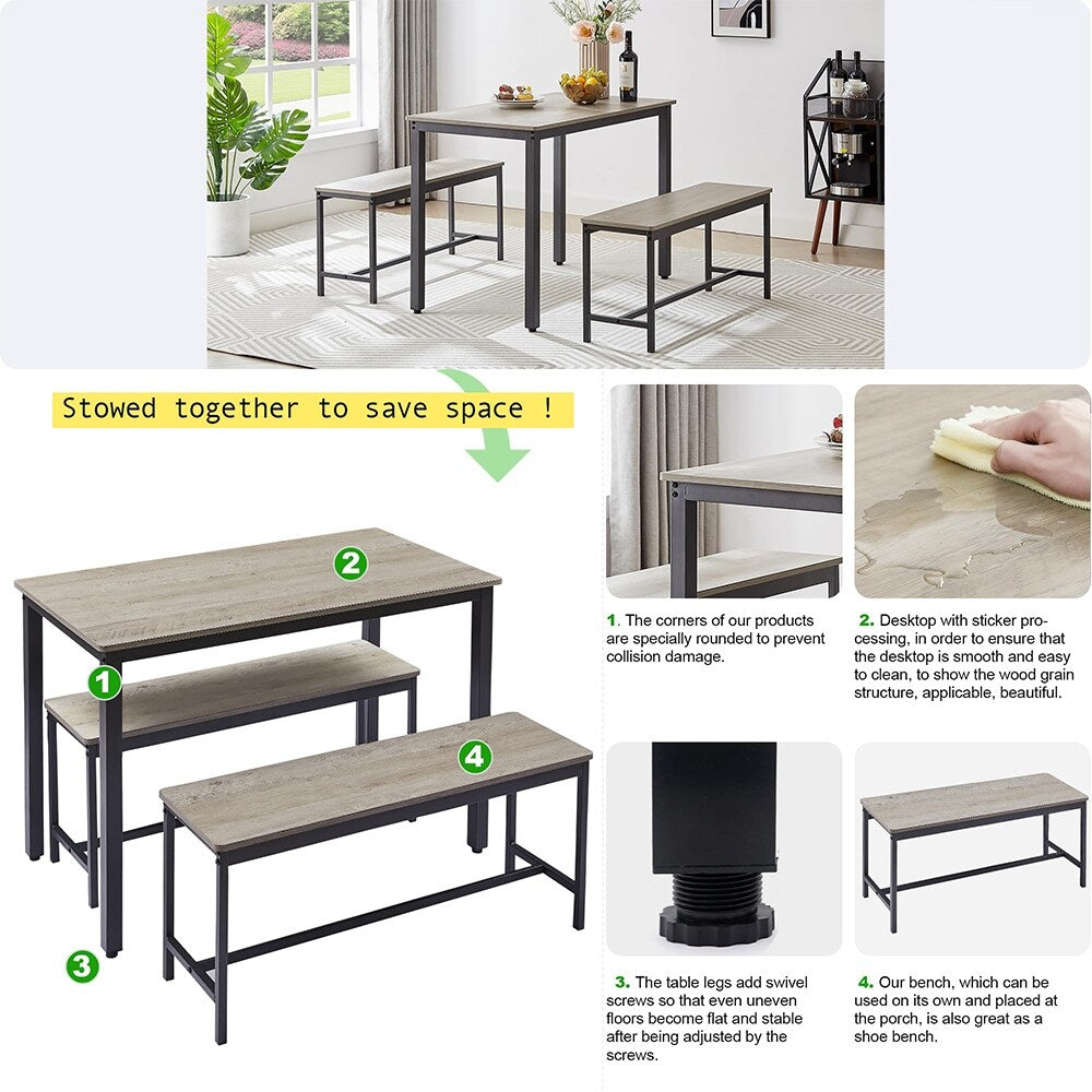 Dining Table Set, Wood Bar Table Set, Kitchen Table w/2 Benches - 3-Piece