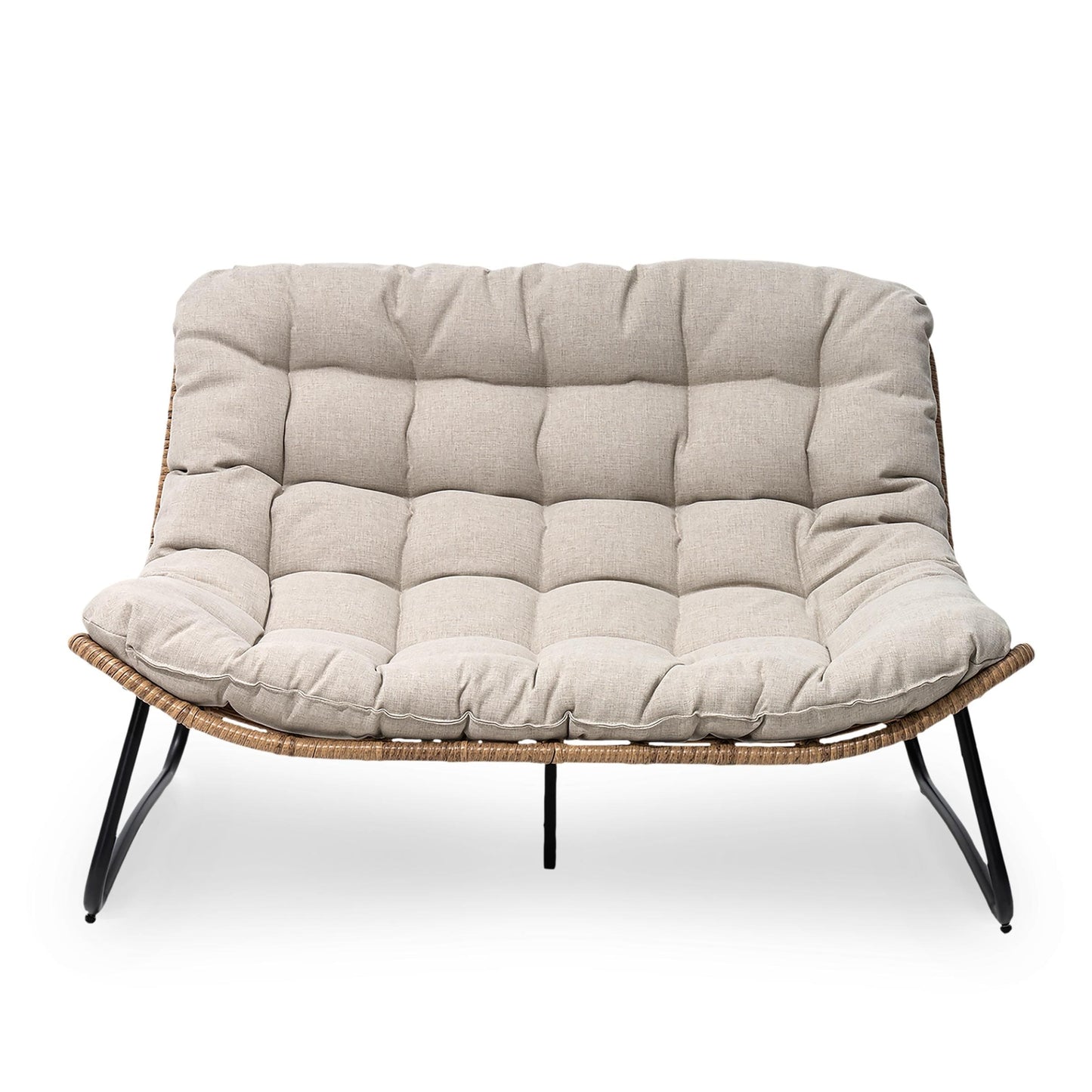 Fauteuil Papasan double avec coussin, rotin PE toutes saisons et cadre en métal pour intérieur et extérieur