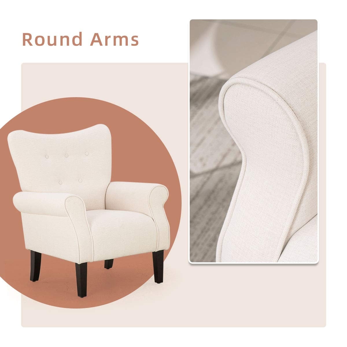 Fauteuil d'appoint moderne Erommy, fauteuil à dossier haut, canapé simple en tissu rembourré avec pieds en bois pour le salon