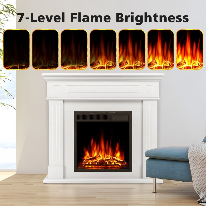 Cheminée électrique avec manteau en bois et foyer, télécommande