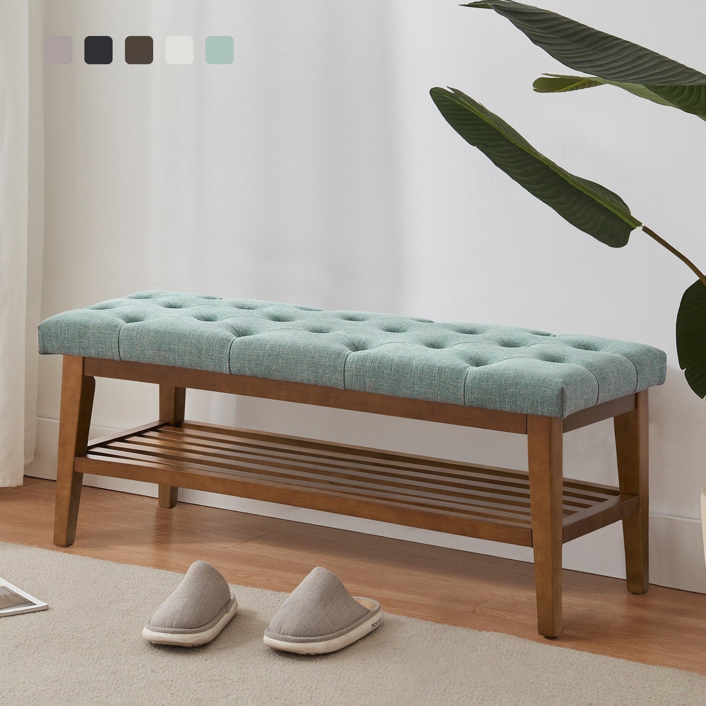 Banc à chaussures d'entrée, banc de rangement en tissu et bois massif, banc rembourré de 43 pouces pour salon et chambres