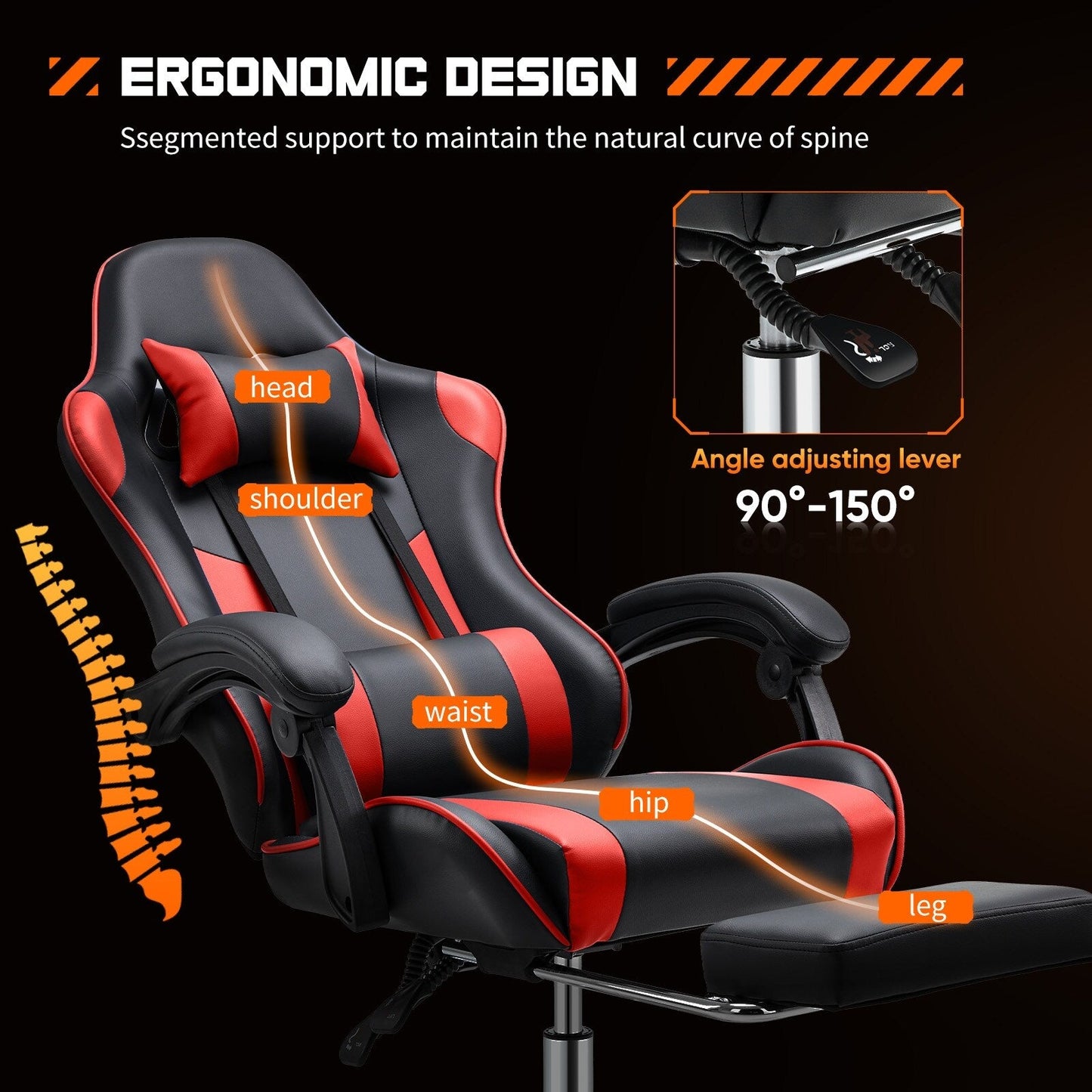 Ergonomic PU Leather 360° Swivel Gaming Recliner with Footrest, Headrest, Lumbar Support, Adjustable Height
