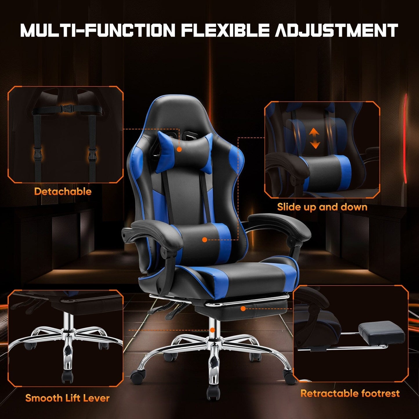 Ergonomic PU Leather 360° Swivel Gaming Recliner with Footrest, Headrest, Lumbar Support, Adjustable Height