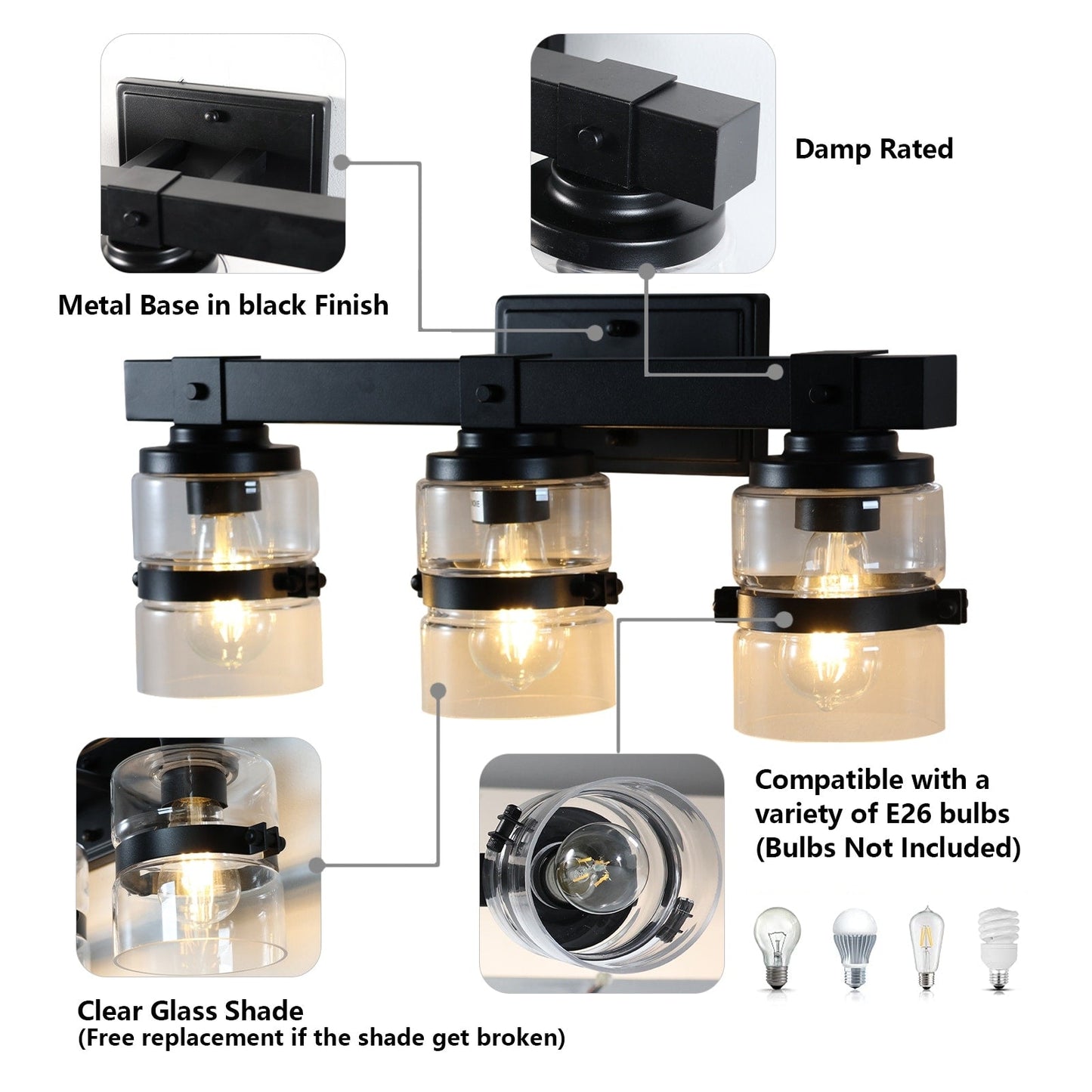 ExBrite Farmhouse 3-lights Bathroom Dimmable Iron Black Vanity Lights Wall Sconces