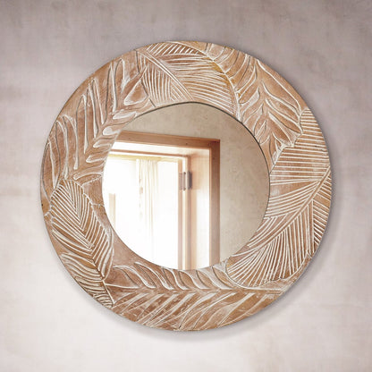 Miroir mural rond en bois sculpté de style ferme - 28 x 28