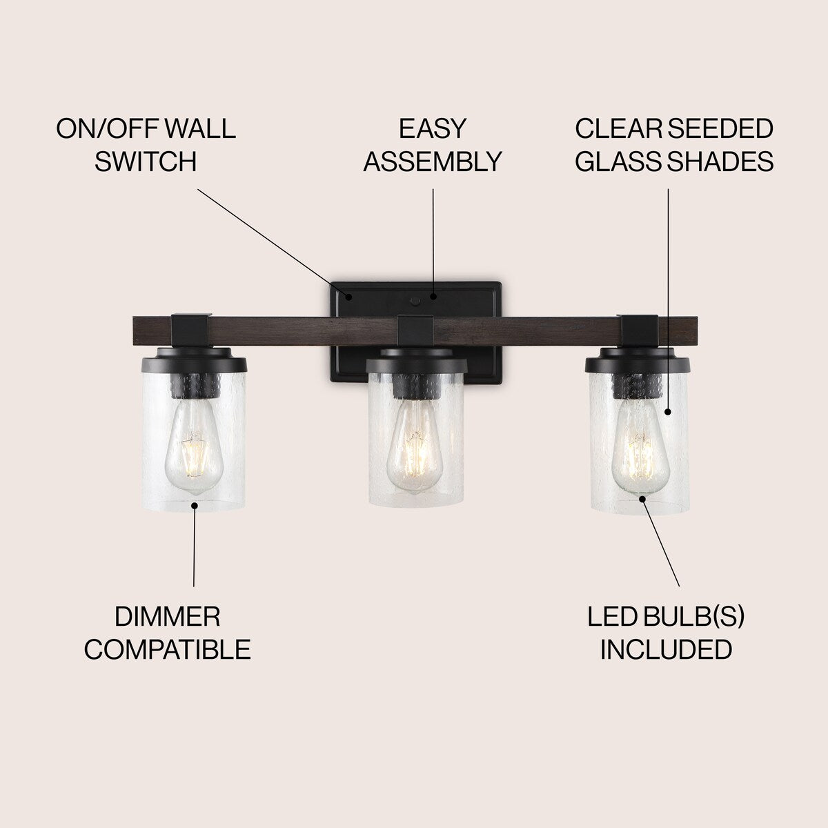 Ferme Iron/Seeded Glass Rustic Farmhouse LED Vanity Light, by JONATHAN Y