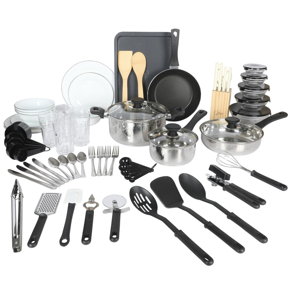 Ensemble de cuisine Gibson Home 74 pièces : ustensiles de cuisine, vaisselle, couverts, ustensiles, rangement et verrerie