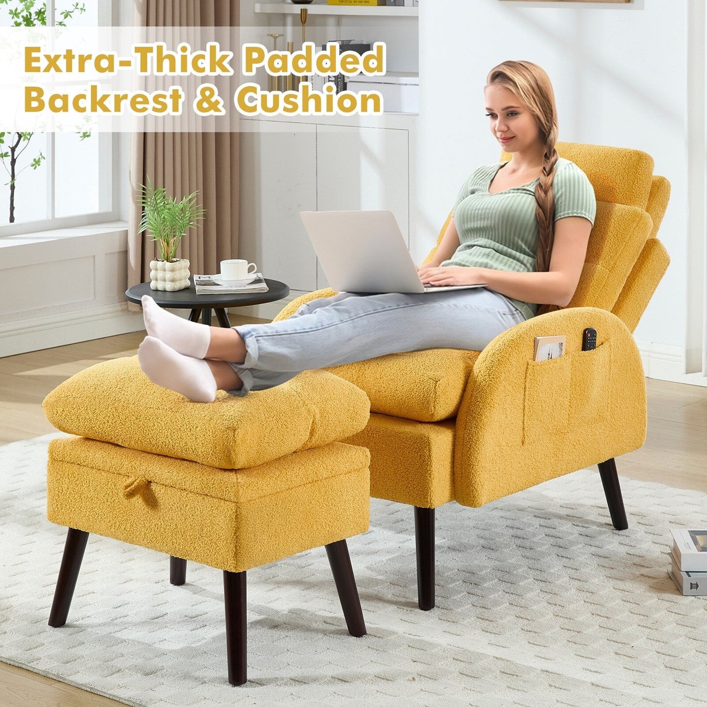 Fauteuil d'appoint HOMYKA avec dossier réglable et pouf de rangement